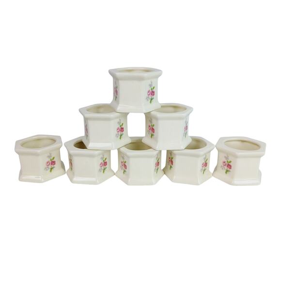 Vintage Set of 8 Cream Porcelain Pink Rose Cottage-core Napkin Rings - Picture 1 of 5